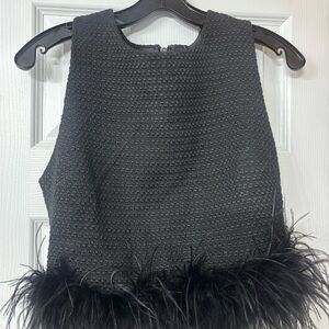 NWT Chic Black Textured Top with Feather Trim Boutique